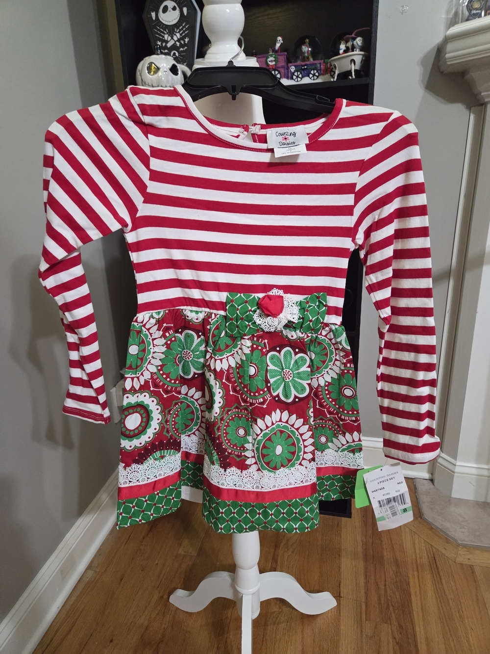 Girls Red & White Striped Floral Holiday Top by Counting Daisies